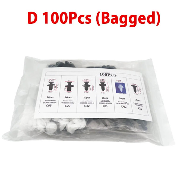 Auto Fastener Clip Blandet Bilkarosseri Push Retainer Pin Rivet Kofanger Dørbeklædning Panel Fastener Kit Bil Clips Æske eller Pose emballage D 100Pcs (Bagged)