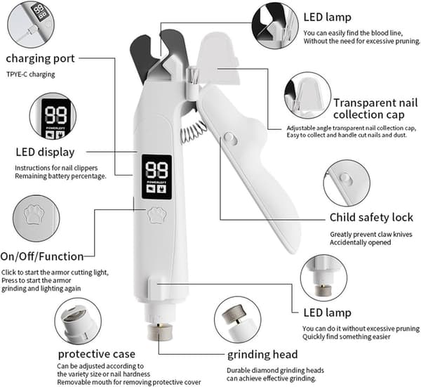 2-i-1 LED Pet Negleklipper - Passer for alle