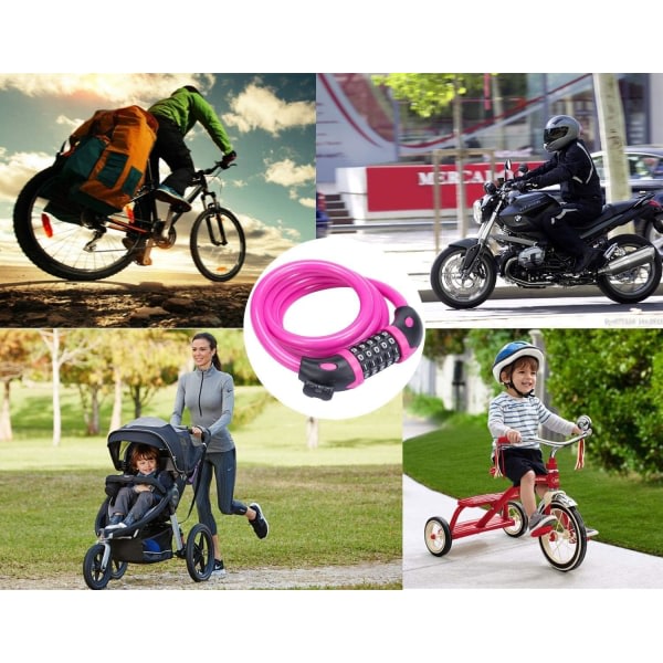 Cykellås, cykelkedjelås med 5-siffriga koder Återställbart kombinationscykelkabellås för cykel, motorcykel, sittvagn, BBQ, bagage (rosa) CDQ