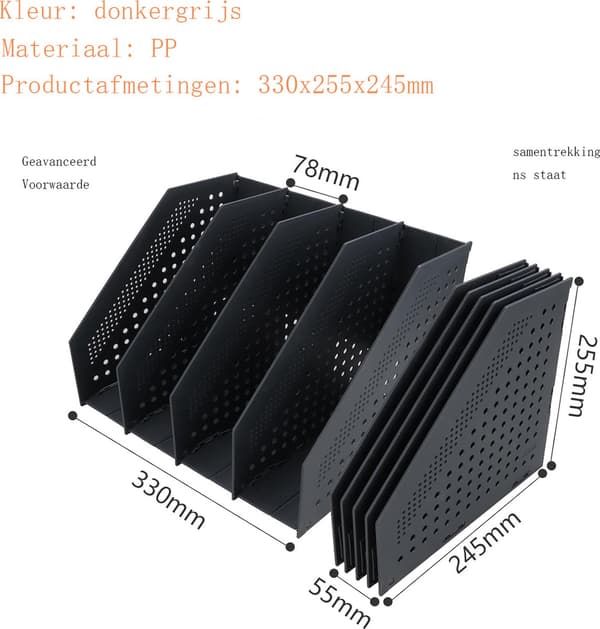 Magazine Rack with 4 Compartments - A4 - 330x255x243 mm - Dark Grey Plastic - Foldable - For Newspapers, Magazines, Documents
