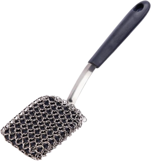 Grillrensebørste, rustfrit stål ringbrynje-skrubber med langt håndtag til grillriste, stativer, gryder og pander, grå