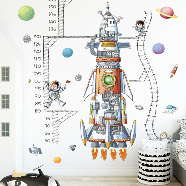 CDQ 2 stykker rymdskeppsastronauters höjdmätningslinjal, layout for tidig utdanning, höjdklistermerke, barnrum, dagisväggdekoration