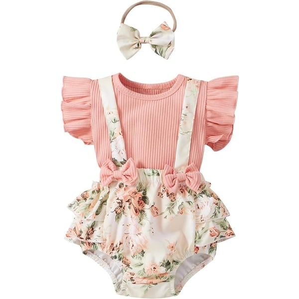 Baby flickor sommarkläder set med volangärm topp T-shirt blommig hängselshorts Pannband (Rosa，70 cm） CDQ