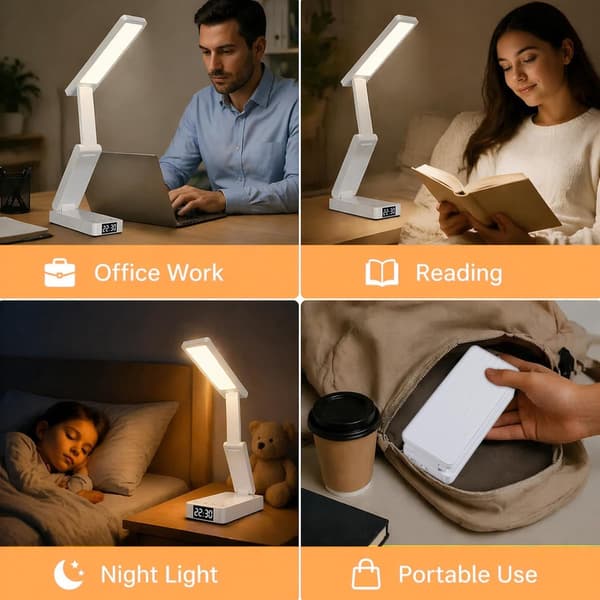 Sammenleggbar LED-bordlampe, oppladbar USB-C med 3 lysfarger, dimming, timer og klokke for studie, kontor og soverom, hvit