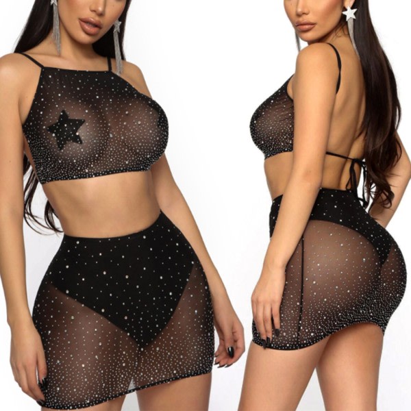 Dam Hollow Out Mesh 2. sæt Shiny for Rhinestone Halter Top Sexy Sheer Mini S