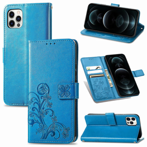 Etui til Iphone 12 Pro Cover Plånbok Clover Præglat beskyttende læder Telefonetui Magnetisk - Blå C2 A