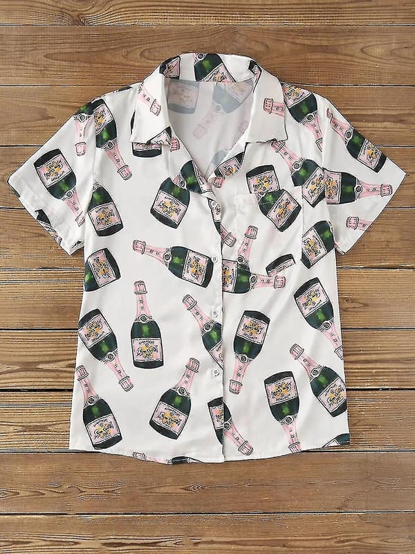 Champagneflaskor Pyjamas Set Dam Tryckt Kortärmad 2 Delar Mjuk Ledig Sovkläder TA XL