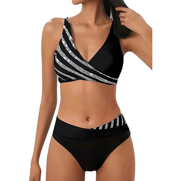 CDQ Sportig 2-delad bikini med push-up og glänsende stringtrosa 1-svart LCDQ
