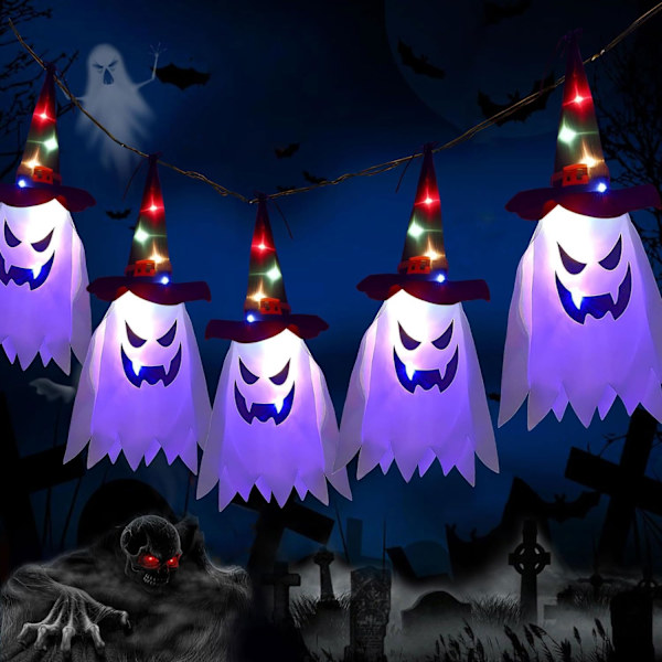 Udendørs Halloween-spøgelseslys, Hængende spøgelser med heksehatte til havedekoration Spøgelse 5 stk hvid Spøgelse 5 stk hvid Spöke 5 st vit Spöke 5 st vit