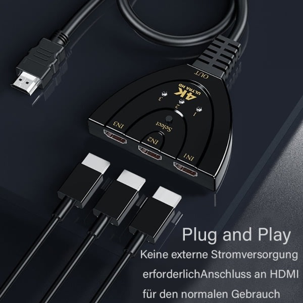 HDMI-omvandlare 3 till 1 HDMI-splitter 4K med kabel för HDTV/B