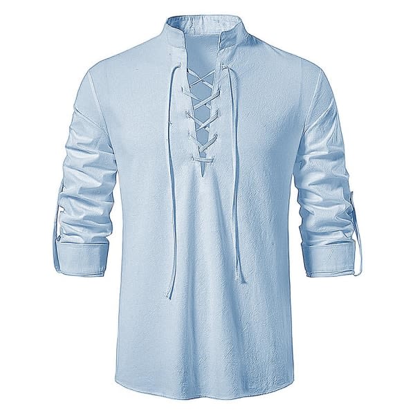 2056 Nya Casual blus för män Bomull Linne Skjorta Toppar Långärmad T-tröja Höst Sned Placket Vintage Ljusblå 3XL zdq