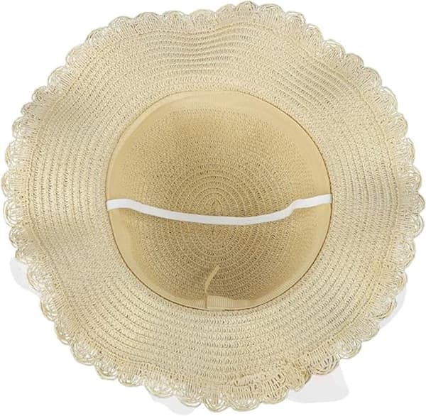 Flickors stråsolhatt, UPF 50+ UV-skydd, spetsrosett, körsbärsbroderi, hakrem, strandhatt, ålder 2-5 år, beige, 50-52 cm