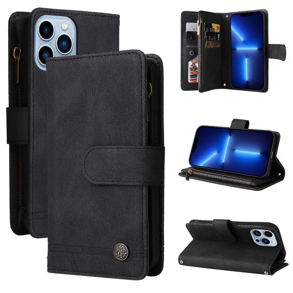 Etui til iPhone 13 Pro Max Læder Flip Folio Etui med Kreditkortholder Pengepung Magnetiske Knapper Etui Kickstand Stødsikkert Pr Sort A