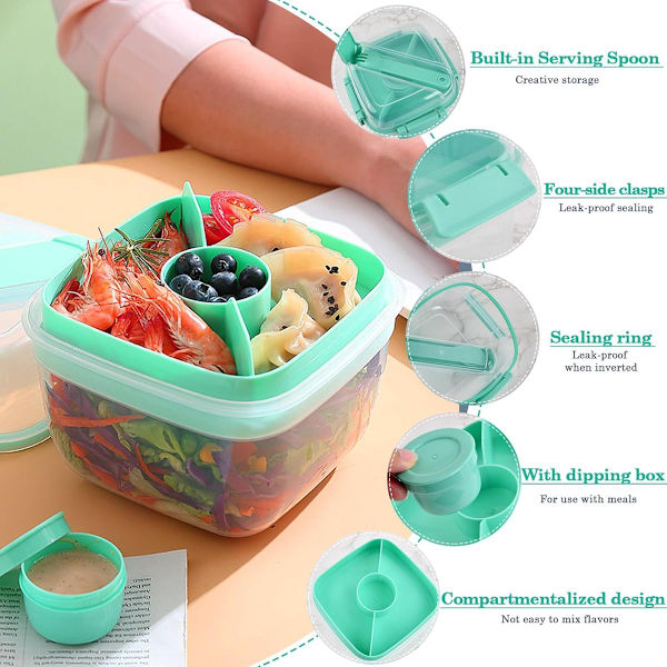 Lunch Box - Bento Box - 1300 ml with Divided Compartments - Built-in Reusable Spoon - Leak-proof