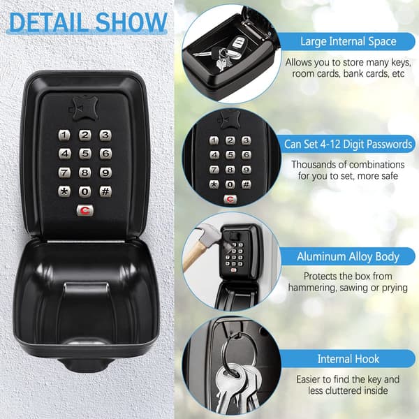 High Security Key Lock Box, Waterproof and Weatherproof, Resettable 12 Digit Code for Secure Storage, Aluminum Alloy Material, Indoor & Outdoor