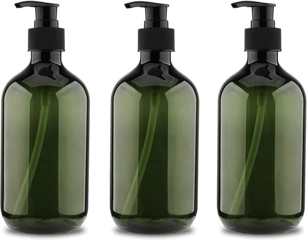 Pumpflaskor set med 3 - 500 ml - Transparent grön PET - Påfyllningsbara - För schampo, tvål, duschgel, lotion