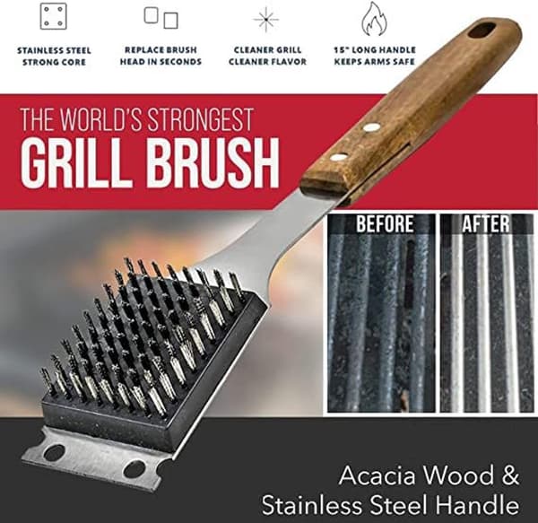 BBQ Grillbørste og Skrape med Rustfrie Stålbørster og Akasietrehåndtak, For Utendørs Griller, 45 cm