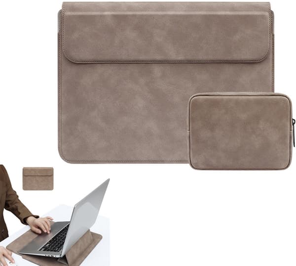 15-16 tommer laptop sleeve, 3-vinklet justerbart stativ, stødabsorberende imiteret ruskind, tilbehørspose, til skole, rejser, lysegrå