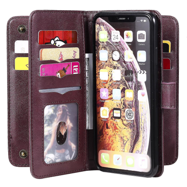 Kompatibel Iphone Xs Max Case Retro Läderplånbok Flip Magnetic Cover 10 korthållare - Röd Brun null ingen