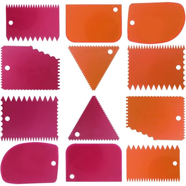 Tårtskrapa Smidigare sett, tårtutjämnande skärplåtsverktygskombination, tårtglasyrsskrapare Tårtkantsdekoreringsverktyg. (2 sett, rosa rød + oransje) zdq