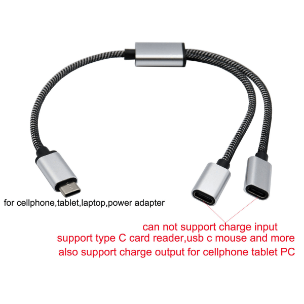 USB C till dubbel USB C-kabeladapter, hörlurstyp C-laddningsadapter, 480 Mbps dataöverföring, 30 cm
