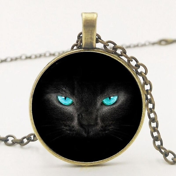 Handgjorda Nya Retro Utsökta Tillbehör Legering Glas Blå Ögon Svart Cat Time Pendel Halsband Familjefoto Privat Anpassad