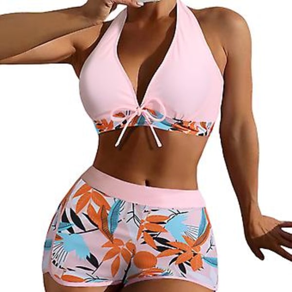 Dame Polstret Bikini Sett med Bladtrykk, Halterneck-BH, Knyte-Topp, Høy Midje, Gutte-Shorts, Badedrakt, Sommer Strandklær (3XL Lys Rosa)