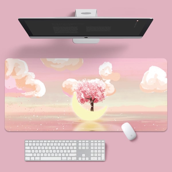 Overdimensjonert musematte med tegneserie natur Laptop Locked Edge Soft Pad Månen Kirsebærblomst 900*400*2mm