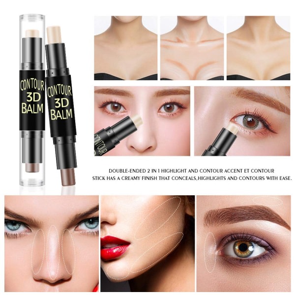 Dubbelsidig Highlighter & Contour Stick Makeup Concealer Kit för 3D Ansiktsformning Kroppsformning Makeup Set 3st