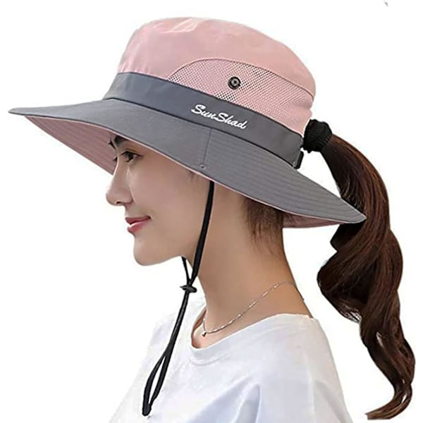 Utomhus UV-skydd Vikbara solhattar Mesh Bred brättad strandfiskehatt med hästsvanshål (rosa)