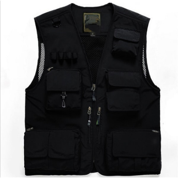 Herr Casual Utomhus Safari Fiske Resefoto Lastväst Jacka Multi Fickor（Svarta） zdq