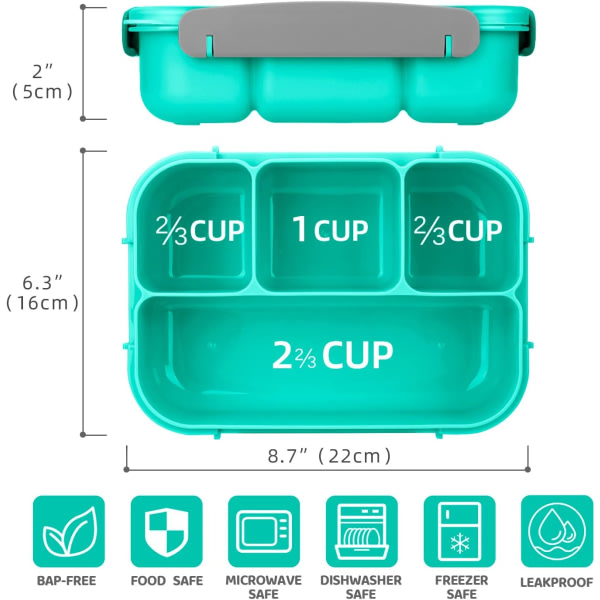 Bento Lunch Box, Bento Lunch Box aikuisille, Lounaslaatikko taaperolle/Lapselle/Aikuiselle, 1300 ml - 4 lokeroa ja haarukka; Vuototiivis (vihreä)