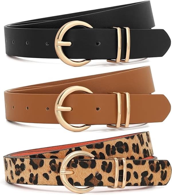 3 stk. retro læderbælte til kvinder 110 cm, justerbart unisex, leopardprint/sort/brun - til jeans, kjoler, bukser