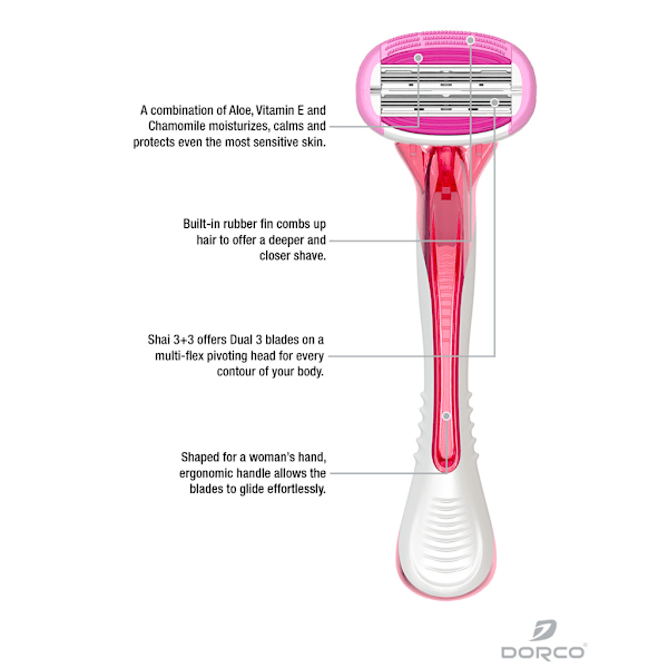 Barberhøvel for kvinner, jenter 3-pakning Dorco Shai 3+3 blader Pink Rosa