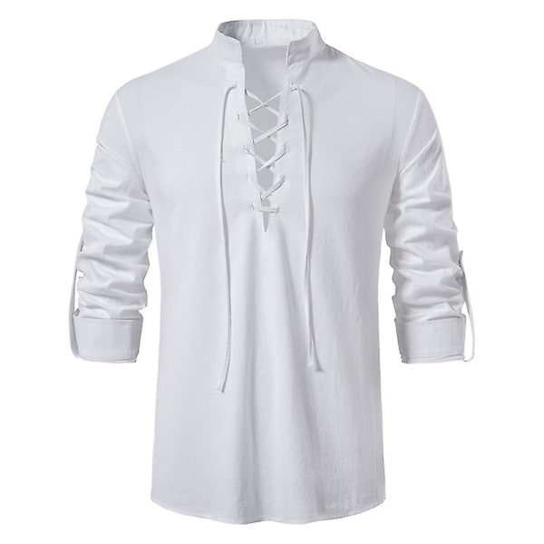 2049 Ny bluse for menn casual bluse bomull lin skjorte Topper langarmet t-skjorte Høst skrå knappslå Vintage White 2XL zdq