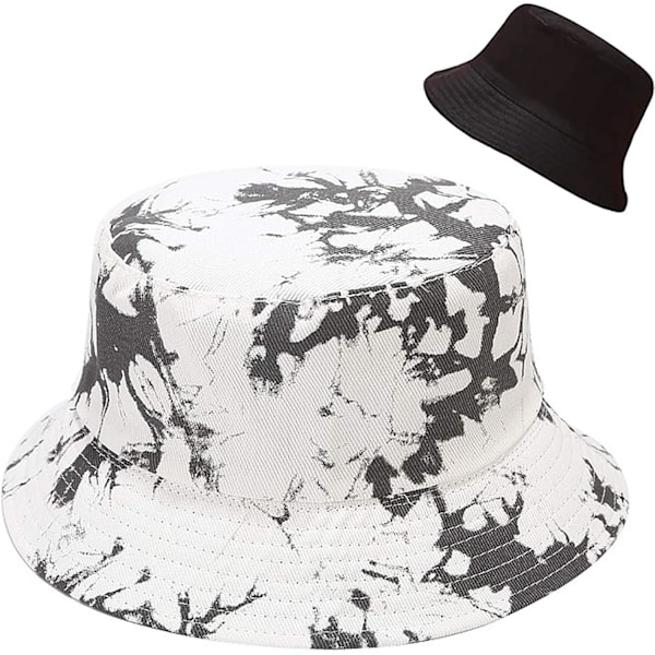 Söt bucket hat strandfiskehattar för kvinnor, vändbar dubbelsidig användning Tie Dye Greywhite
