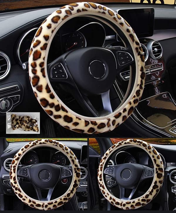 Chic Leopard Print Fluffy Plush Rattmuff til Bilstryning Blød Vinter Varmt Bil Rattmuff Dæk Stretch På Universal Pasform 37-39cm