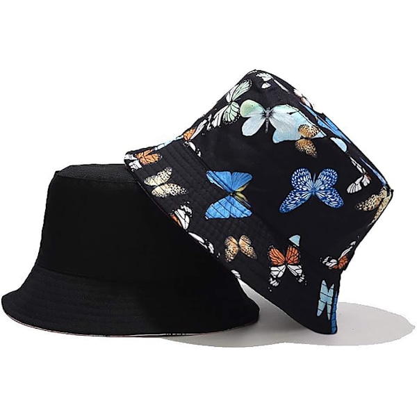 Söt bucket hat strandfiskarhattar för kvinnor, vändbar dubbelsidig användning Butterfly