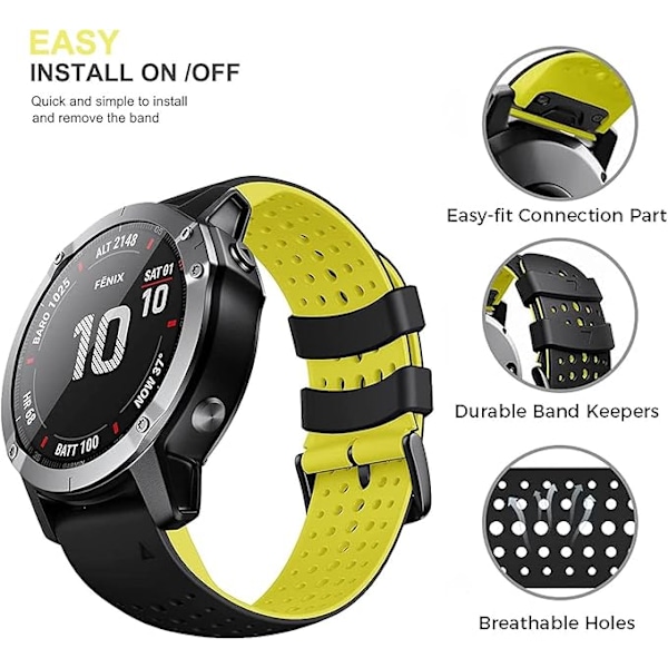 Quickfit 26 mm silikon mjuk sport vattentätt andningsbart armband för Garmin Fenix 5X Plus, Fenix 6X Pro/safir, Enduro, Tactix Bravo Svartgul