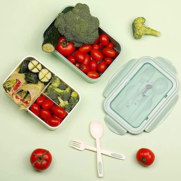 Bento Box, lounaslaatikko, lufttät, 3 fack, sked och gaffel, läckagetät, miljöskydd (grön)