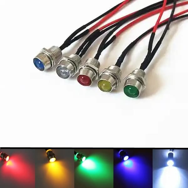 8 mm, 5 olika diodlampor för infällning i panel,  varningslampor 12 V multifärg