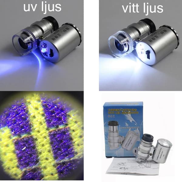 Lupp förstoringsglas 60x, ink. batterier. UV + vitt ljus Silvergrå