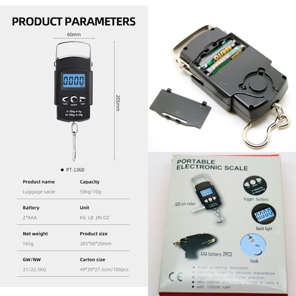 Digital våg  0 - 50kg fiskevåg med måttband även för tex bagage Svart
