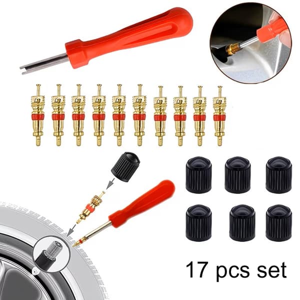 Däckventil reparationssats 10 ventiler + 6 ventilhattar + mejsel