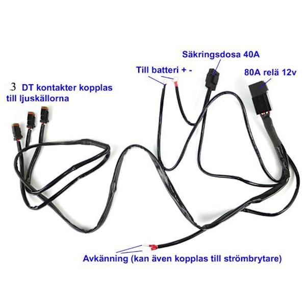 Kabelsats 80A reläkabel strömkabel arbetsljus ledramp 3x DT