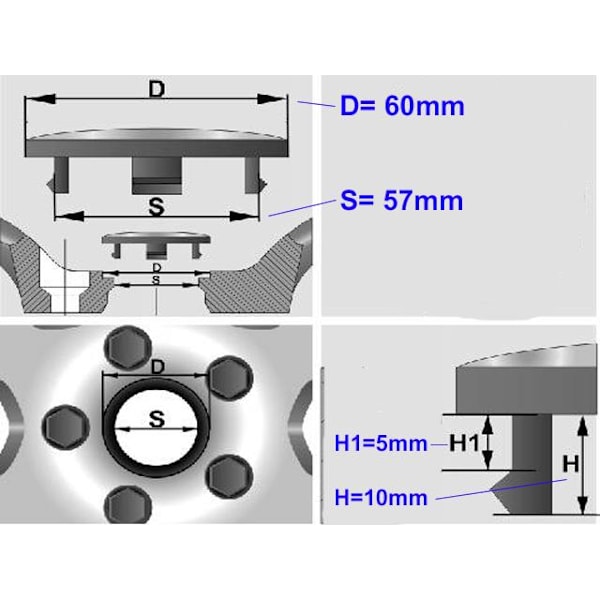 Centrumkåpor till fälgarna 60mm passar 57mm hål 4-pack