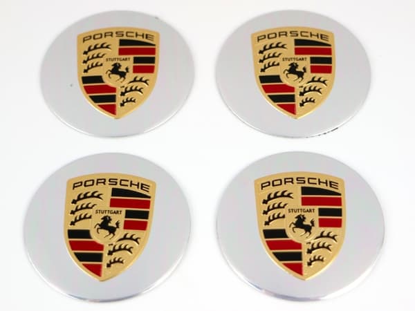 Porsche silver botten emblem till centrumkåpor hjulnavsskydd fälg 4-pack styling