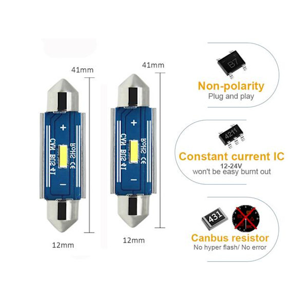 canbus c5w 41mm 42mm Led 400 lumen 6000K 2-pack festoon Vit