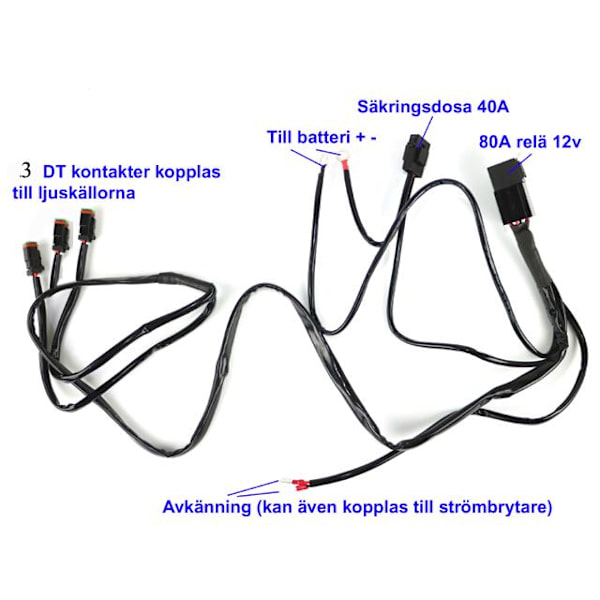 Kabelsats 80A reläkabel strömkabel arbetsljus ledramp 3x DT