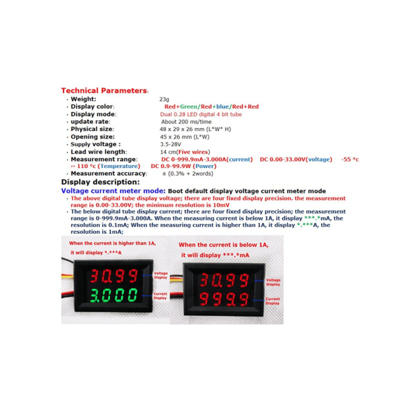 4 in 1 Volt + Amp + Temp + Watt 0-33V + 0-10A DC Digital lcd